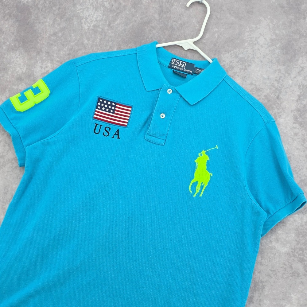 Polo Ralph Lauren Big Pony USA Flag Polo Shirt Mens Large Custom Fit Blue Lime